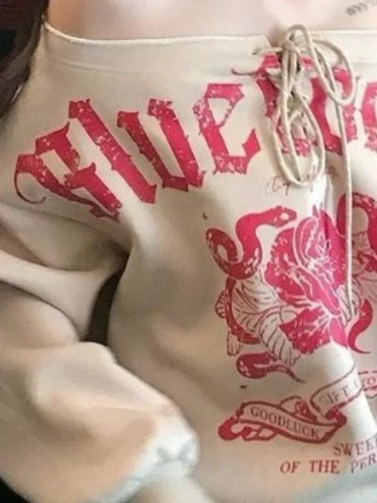 

Y2K Slash Neck Bandage Hoodie Women's Loose Casual Sweatshirt, Harajuku Streetwear Grunge Printed Hoody