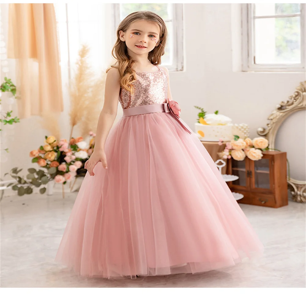 Elegante paillettes Layering Flower Girl abiti lunghi compleanno Prom Party matrimonio comunione Costume da principessa personalizzato celebrazione