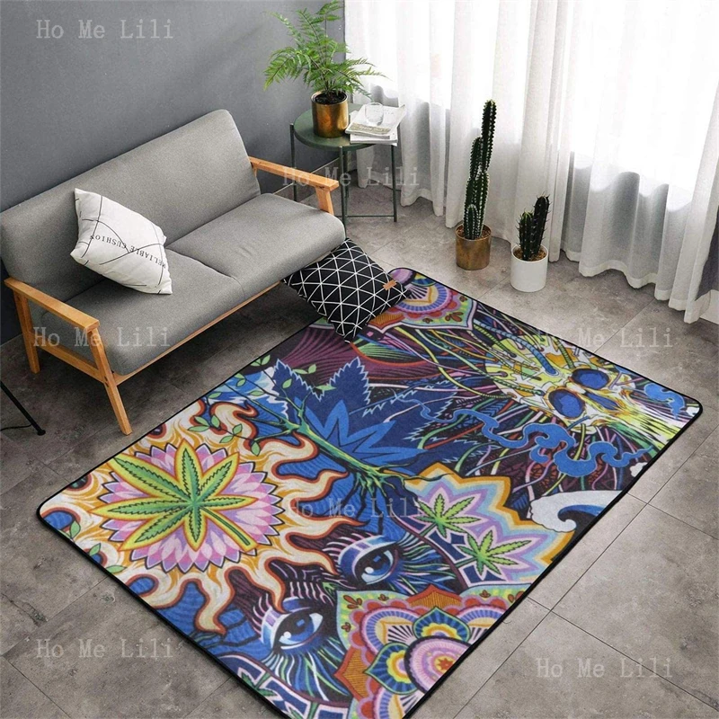 Trippy Weed Leaf Flowers Skull Flannel Floor RugS Non Slip Throw Psychedelic Carpet Home Decor For Bedroom Living Room