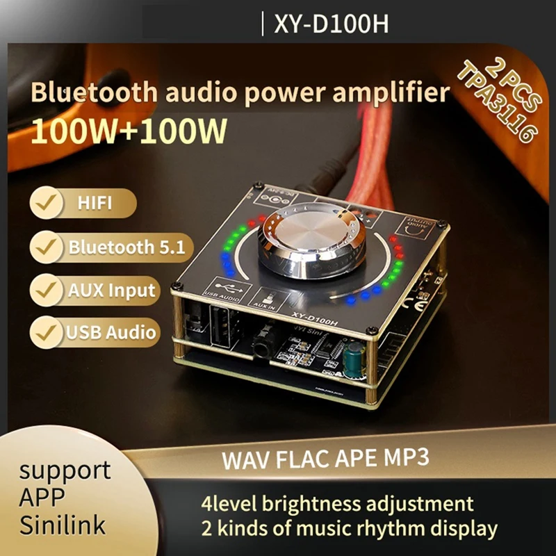 XY-D100H dc 9-24v/5a 100w + 100w amplificador de potência de áudio digital bluetooth 5.1 estéreo aux usb módulo amplificador de placa de som