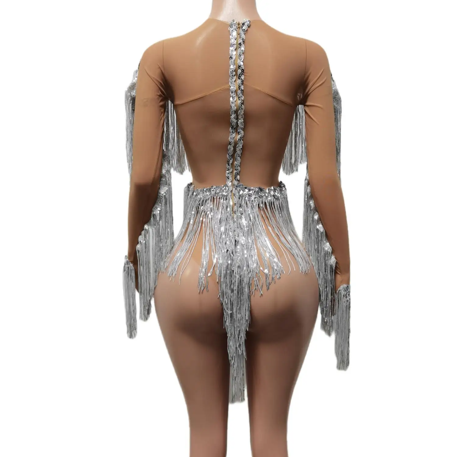 Silver Sparkly Rhinestone Fringe Bodysuit Women Sexy Dancer Show Celebrate Outfit Prom Birthday Party Nightclub Costumes Weixiao