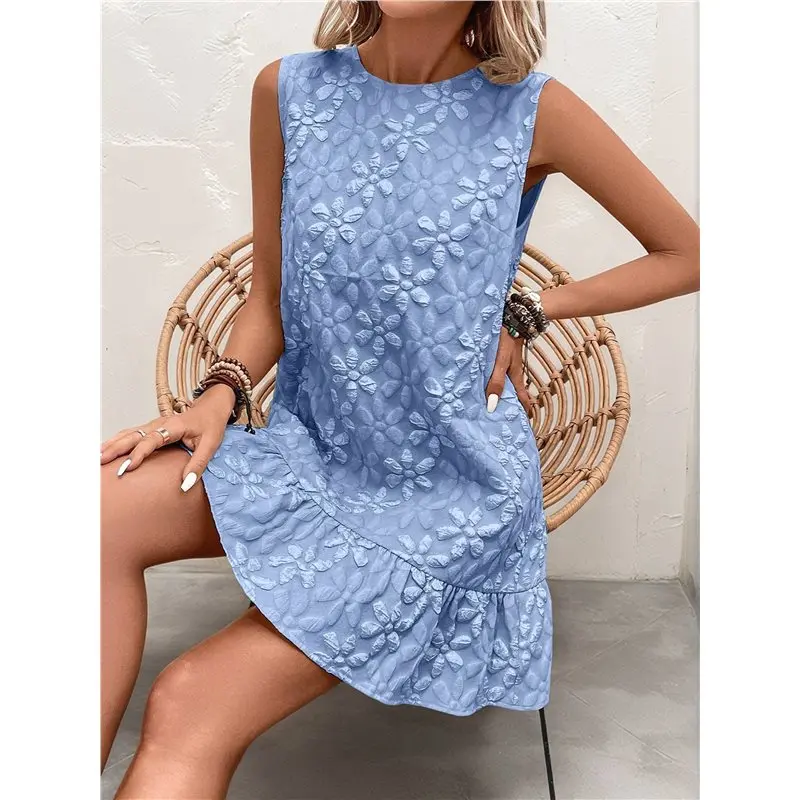 Robe d'été sans manches à volants pour femme CYL, col rond, décontractée, ourlet jacquard, smock, mini-robe