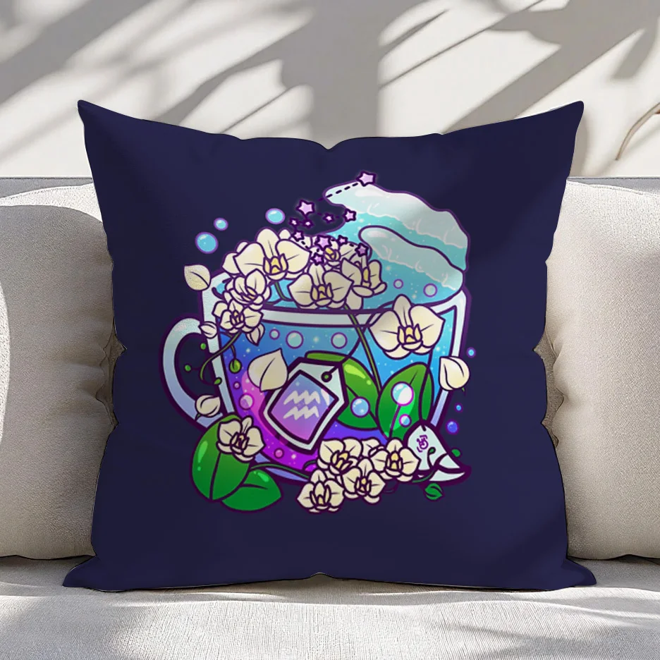 Cute Watercolor Orchid Floral Pillow Cover for Sofa Cushion Home Decor Aesthetic Cup Tea Party Throw Pillow 45x45cm