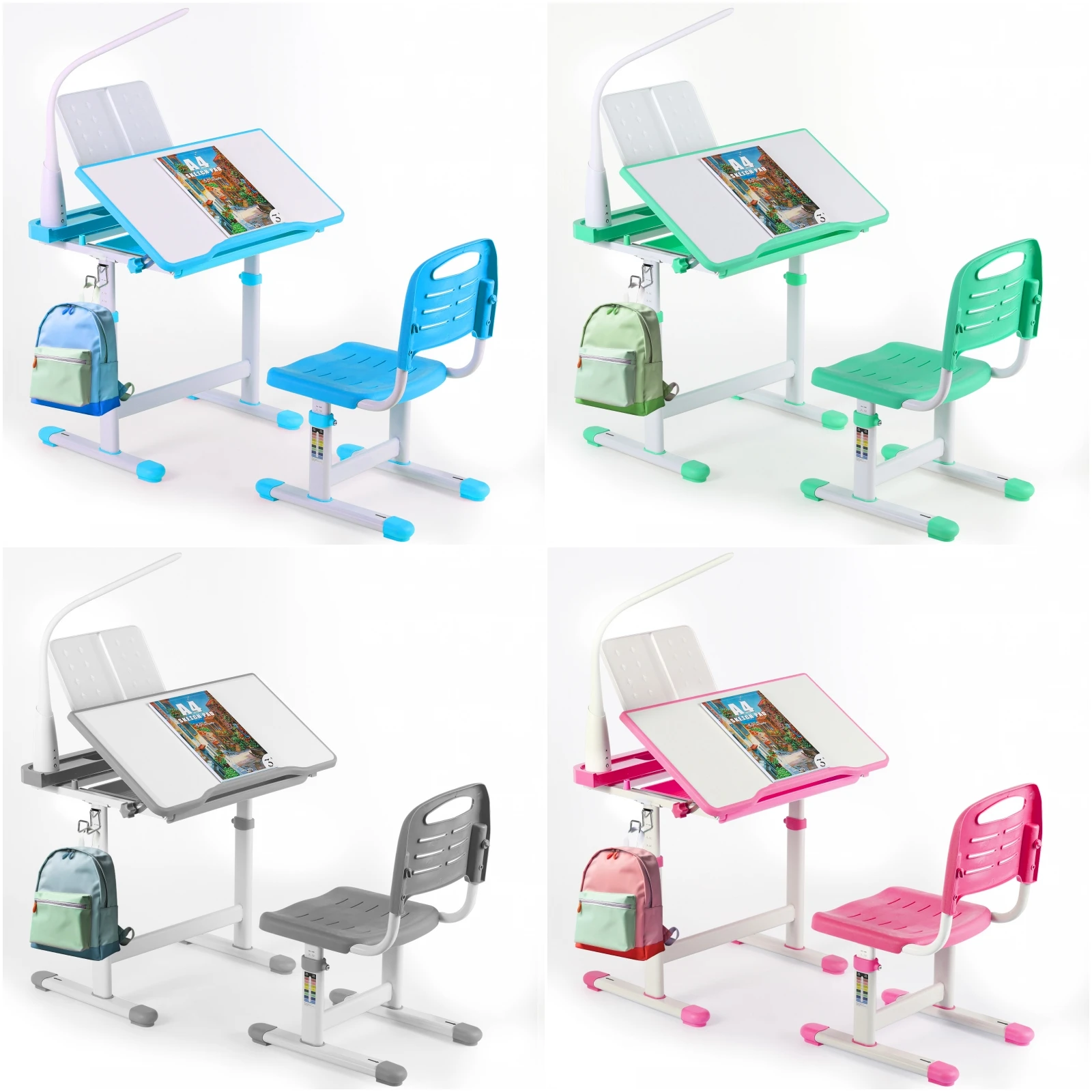 Student Children's Desk, Ergonomic Table and Thair Set, with Drawer, Reading Stand, Anddimmable LED Lamp, Height-Adjustable