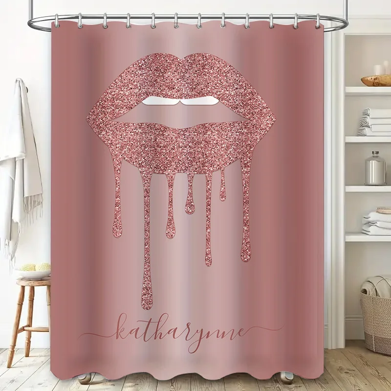 Luxury Glitter Lip Print Shower Curtain Set for Bathroom Decor Pink Rose Gold Metal Hook with Custom Name Monogram Gift