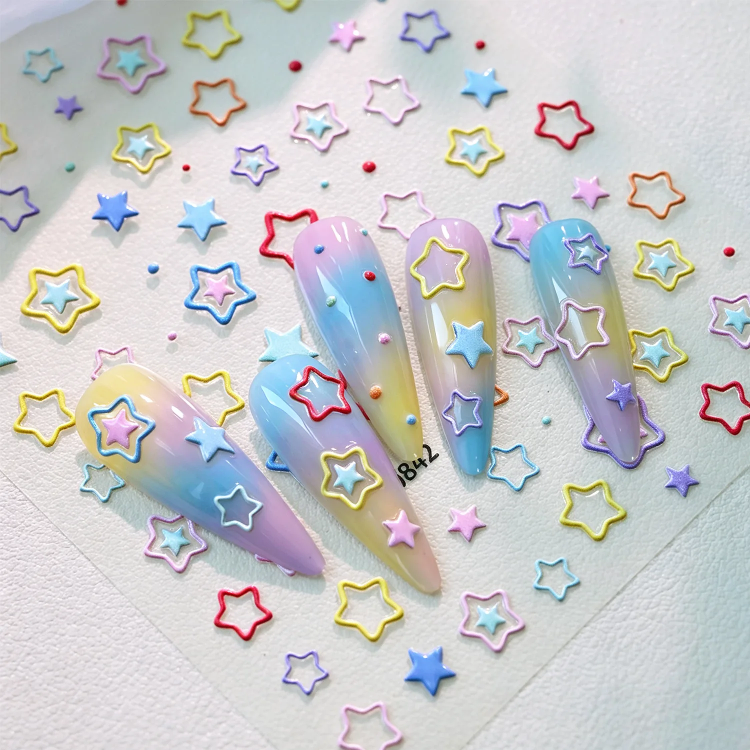 1pcs/3pcs Dopamine Line Star Nail Stickers, Macaron Color 5D Embossed Stereo Pentagram Waterproof Self-Adhesive Nail Decals