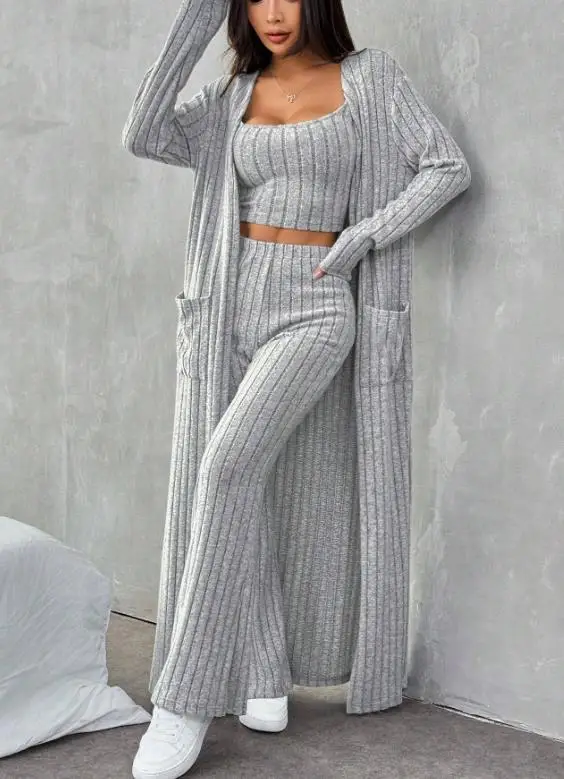 

Women's Solid Color Extra Long Cardigan Jacket with Sleeveless Camisole and High Waisted Flared Pants Casual Three Piece Set