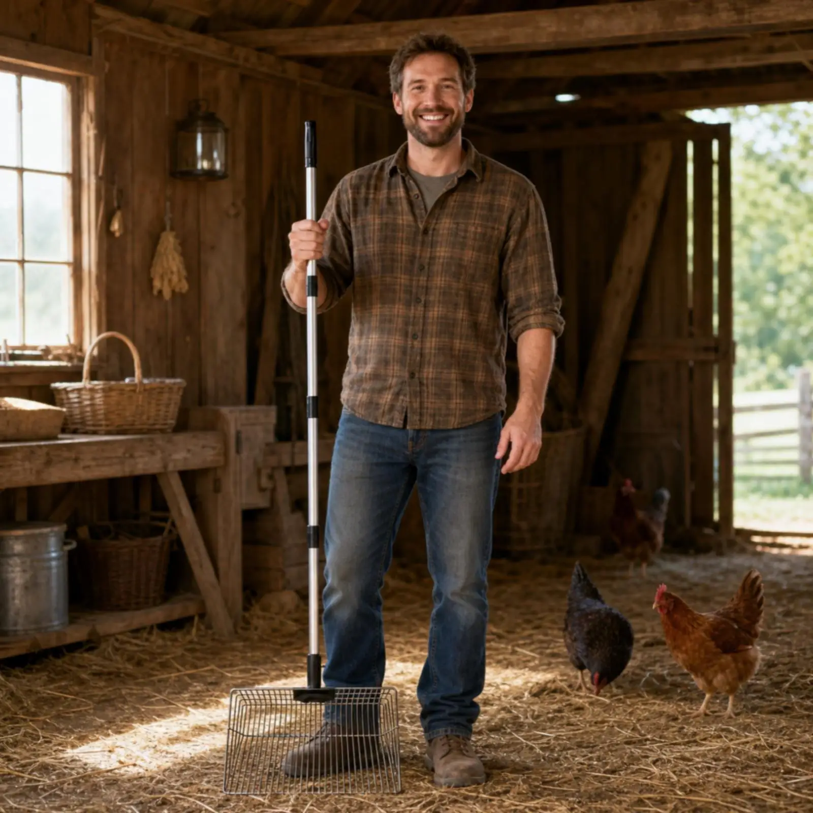 Poultry Waste Scoop Heavy Duty Mesh Ladle for Chicken Coop Sifting Bedding with Adjustable Handle Grip