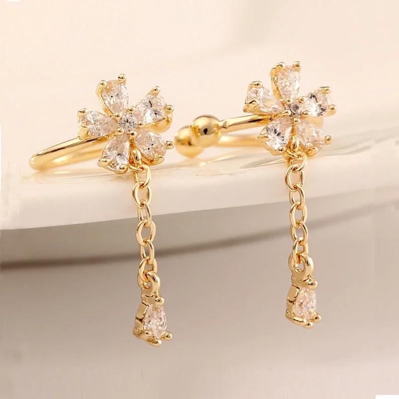 Plated 24K Gold Crystal Flower Clip Earrings Water Drop With Dangling Chain Earrings For Women Cartilage Ear Cuff Jewelry