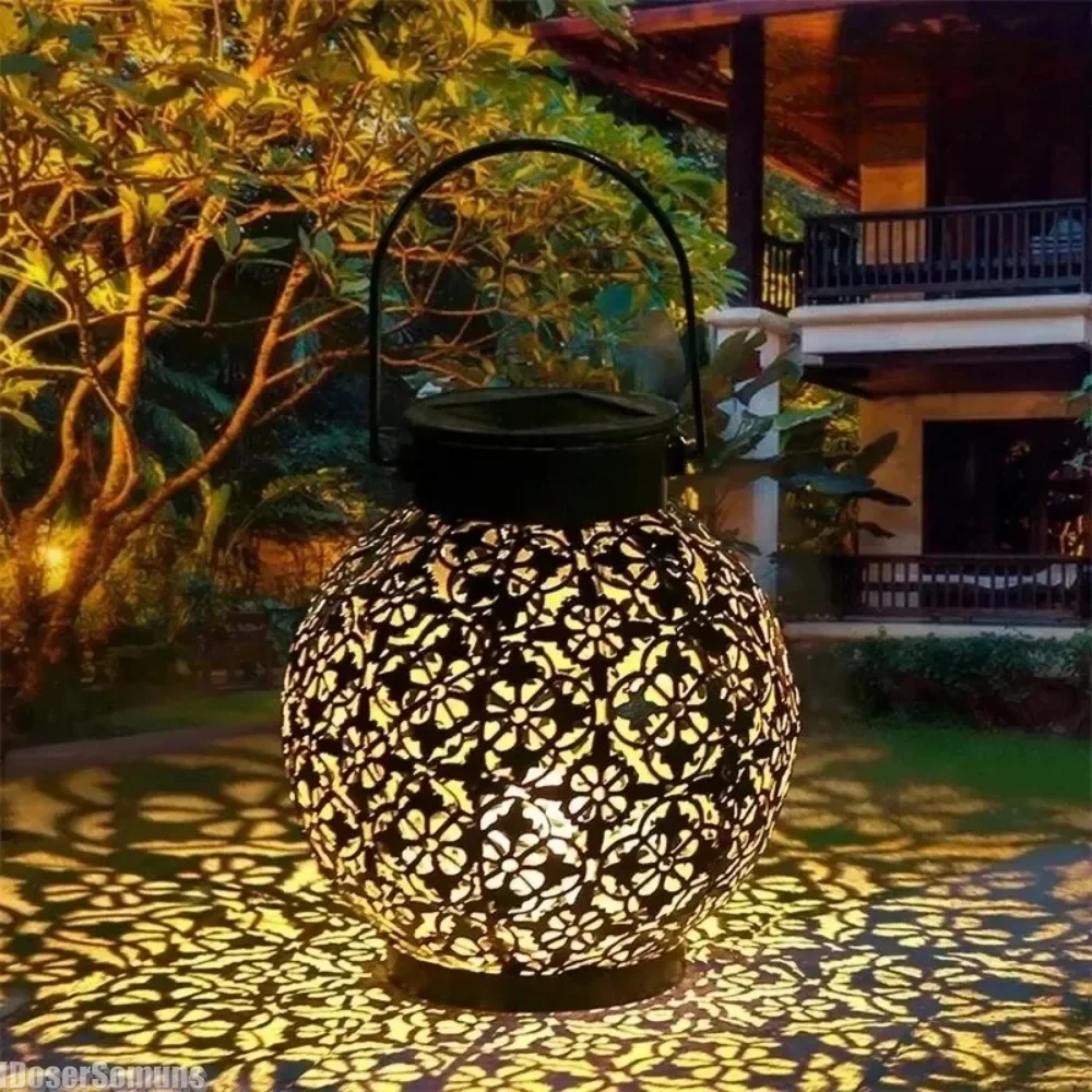 

Wrought Iron Hanging Lamps LED Solar Lantern Light Hollow Projection Light Outdoor Waterproof Yard Garden Art Decoration