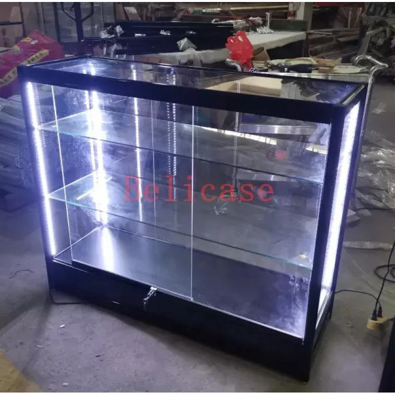 Vitrine de livraison en verre trempé personnalisé avec lumières LED, comptoir, cadre en aluminium, magasin de fumée de détail, 4 pieds