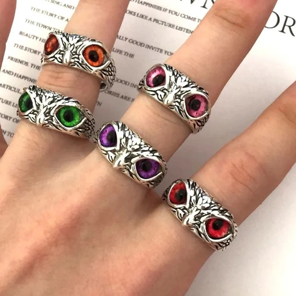 New Vintage Owl Rings For Women Men Design Multicolor Cat Eye Finger Rings Silver Color Adjustable Opening Animal Couple Jewelry