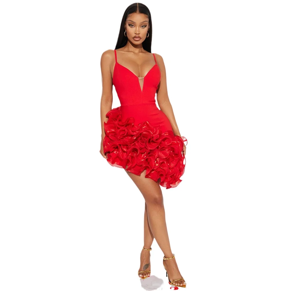 

Ruffles Sleeveless Bodycon Mini Pleated Dress Women Party Elegant Short Evening Dresses Lady Luxury Sexy Birthday Red Prom Dress