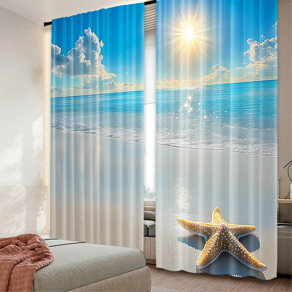 2Pcs Beach Curtain Summer Sunny Seashore Clear Sky Starfish Clouds Aquatic For Bedroom Living Room And Dining Room