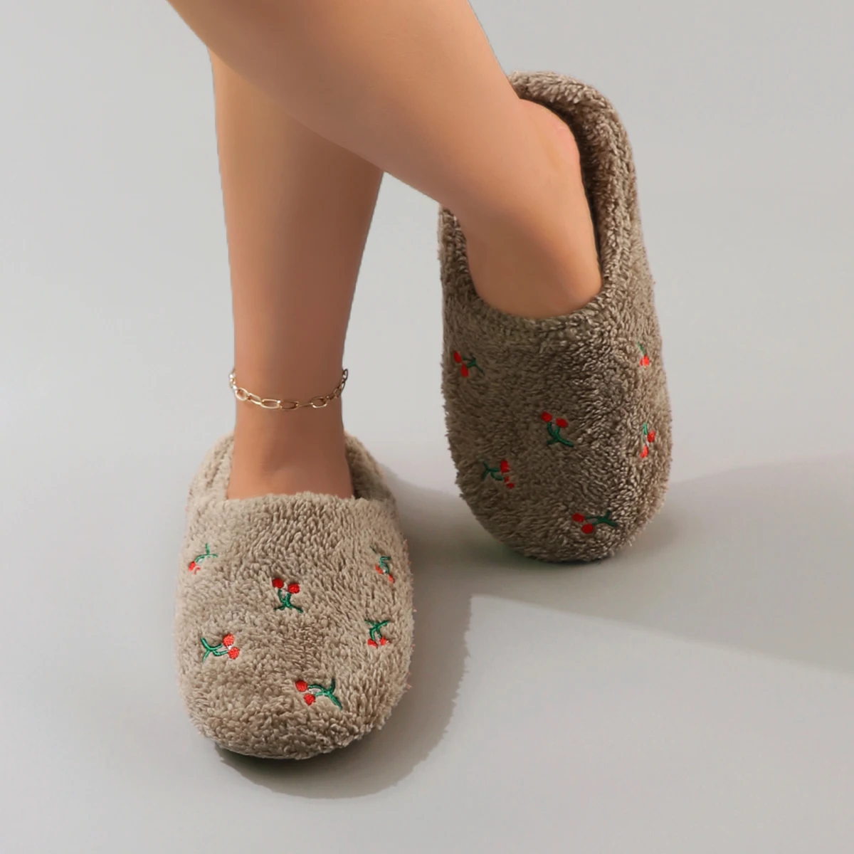 Cute Embroidered Fruit Plush Autumn and Winter Warm Women's Home Slippers Silent Floor Socks Slippers - view 5