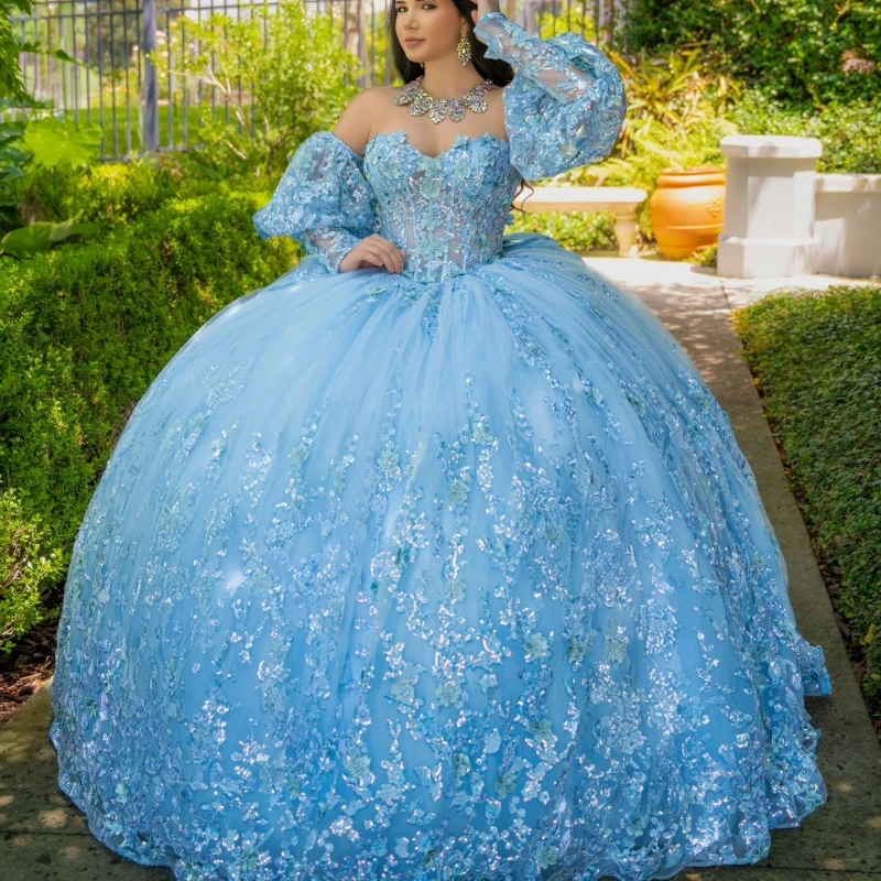 

2024 Sky Blue Sparkly Crystal Appliques Puff Sleeve Quinceanera Dresses Ball Gown Off The Shoulder Beading Sweet 16 Vestidos De