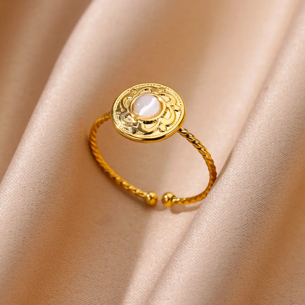 1 PCS Stainless Steel White Cat\'s Eye Round Open Ring Gold Color Adjustable Rings For Women Party Vacation Couple Jewelry Gift