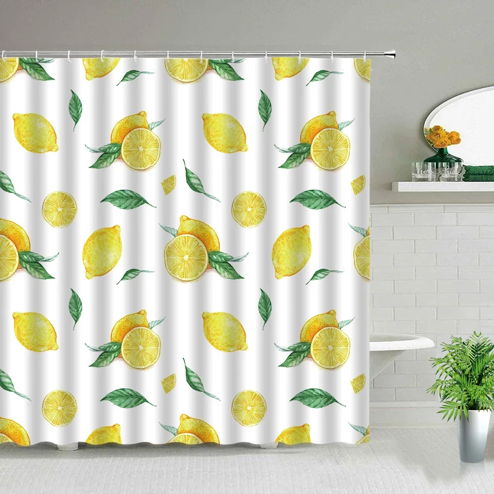 Summer Fruit Yellow Lemon Flower Green Leave Shower Curtains Pineapple Watermelon Strawberry Pattern Waterproof Bathroom Curtain