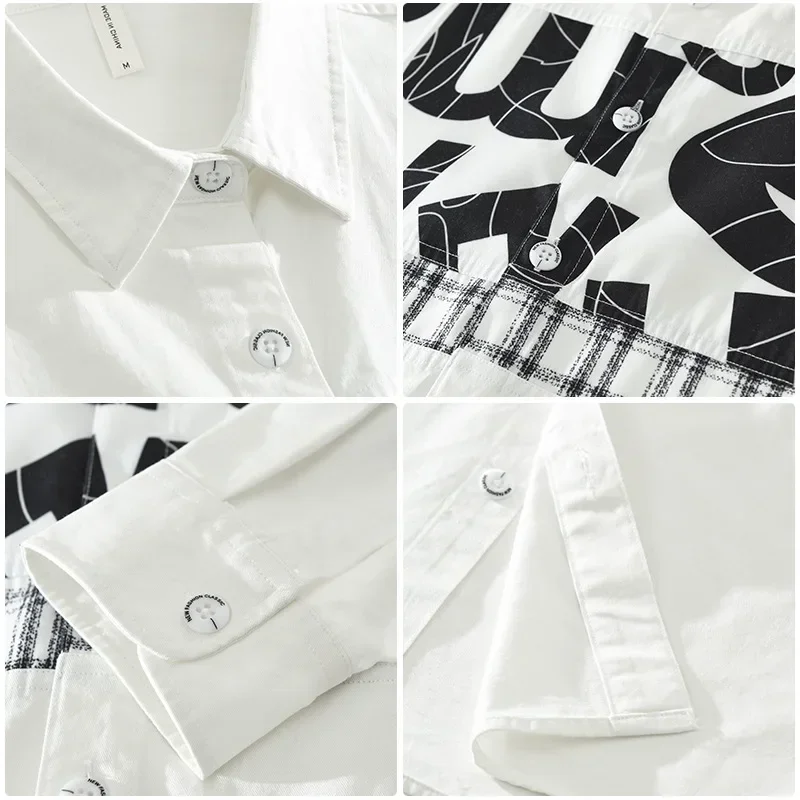

Весенняя белая рубашка с длинным рукавом, мужская уличная одежда, повседневные рубашки, корейская модная лоскутная рубашка с принтом, удобный топ из чистого хлопка, молодежный