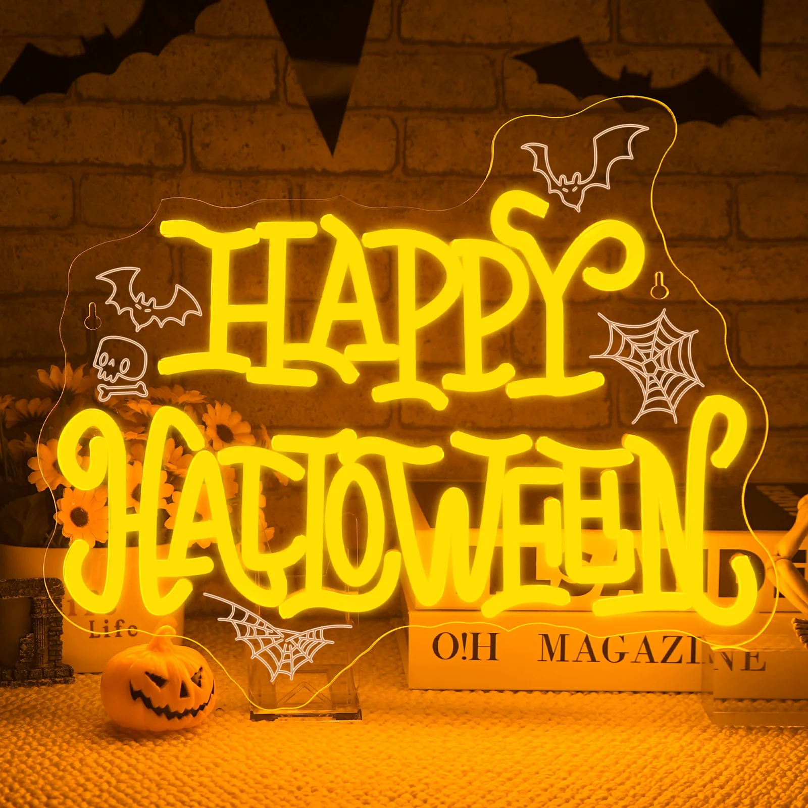

Неоновая вывеска Happy Halloween с летучими летучими паутинами, череп с регулируемой яркостью, золотисто-желтый светодиодный светильник, настенный декор для вечеринки в честь Дня святого дня