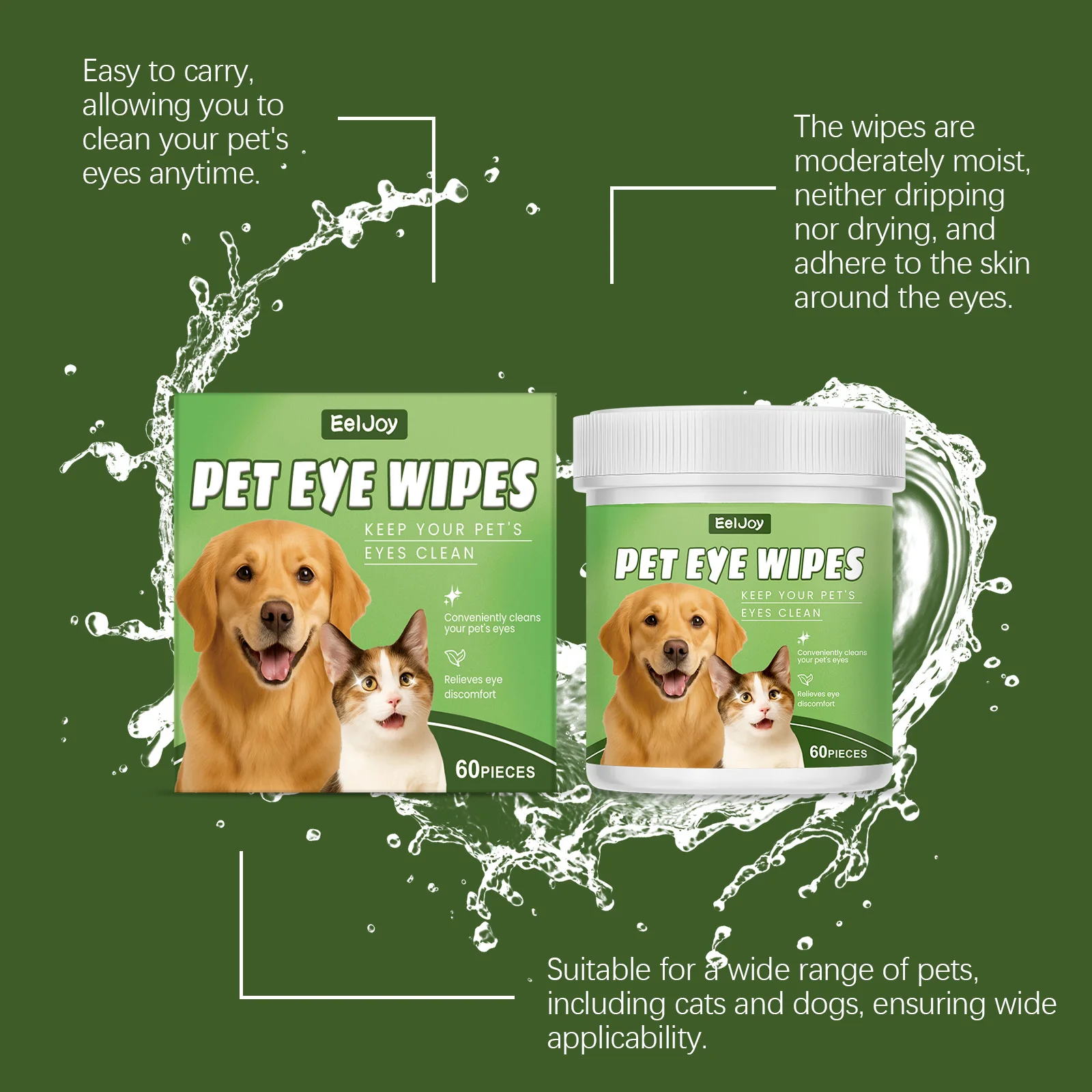 60PCS Pet Eye Cleaning Wet Tissue Gentle Formula Non-irritating Remove Tear Stain Soothing No Rinse Eyes Stain Cleaner Wipes