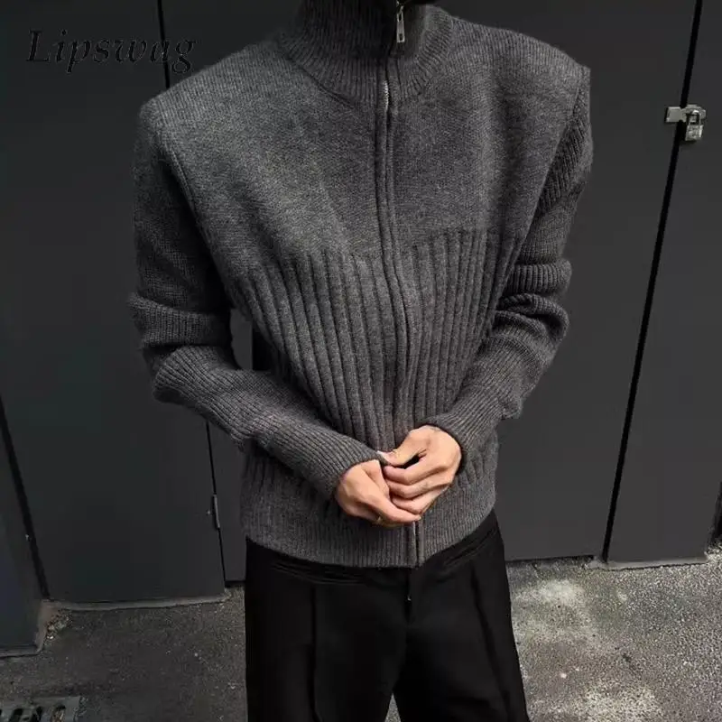 

Винтажный мужской приталенный кардиган-свитер на молнии с воротником-стойкой, стильный, с длинным рукавом, для весны и зимы, уличная одежда