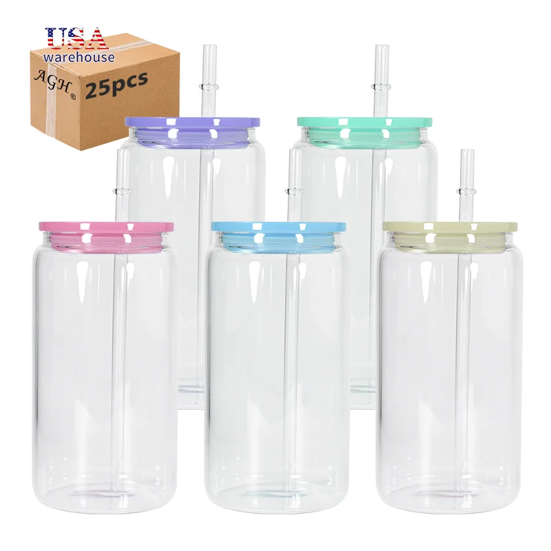 

25pcs Pack 16oz Sublimation Clear Glass Beer Can with Colorful Plastic Lid Hu