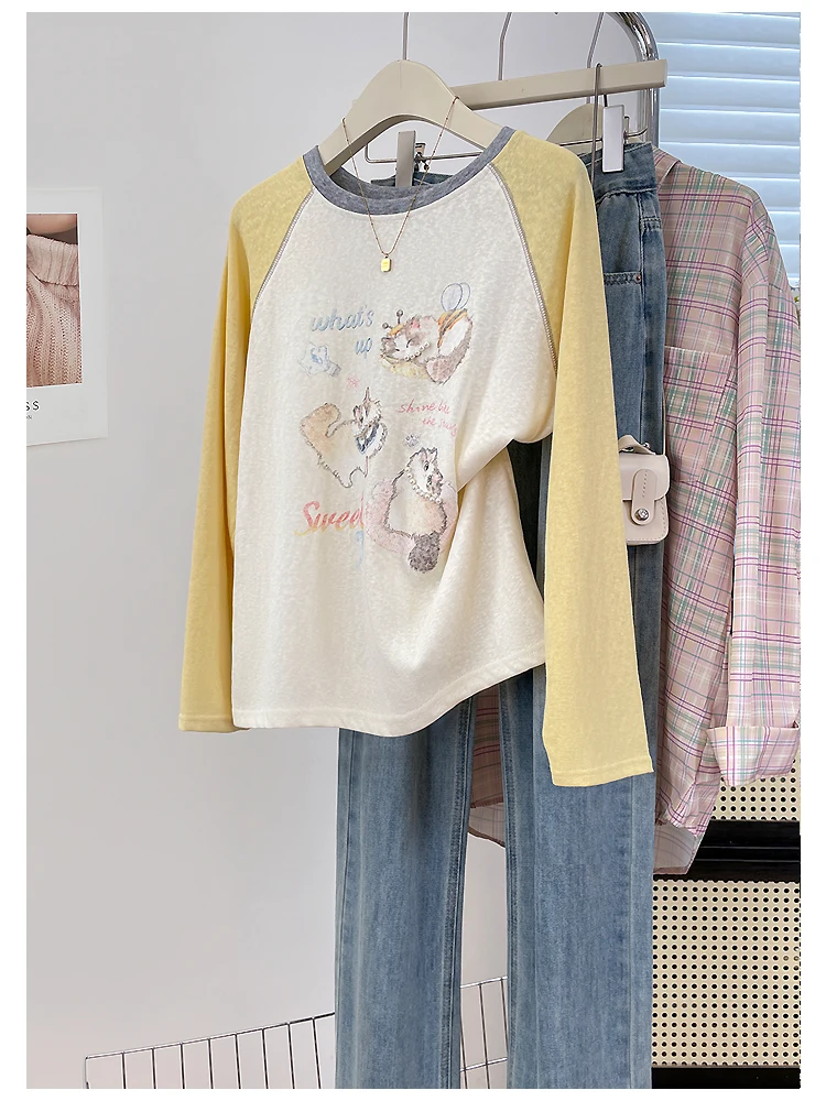 Korean Style Long Sleeve T-Shirt Women's Cartoon  Print Thin Loose round Neck Top Breathable Comfortable Cotton Blend