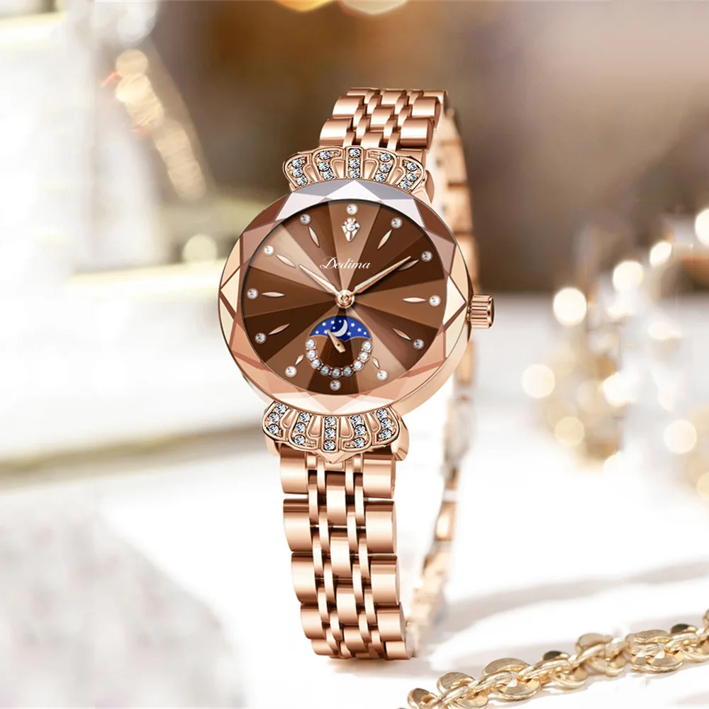 Luxury Watch For Woman Diamond Ladies Quartz Watch Waterproof Phase of the Moon Stainless Steel Rose Gold Women Watches