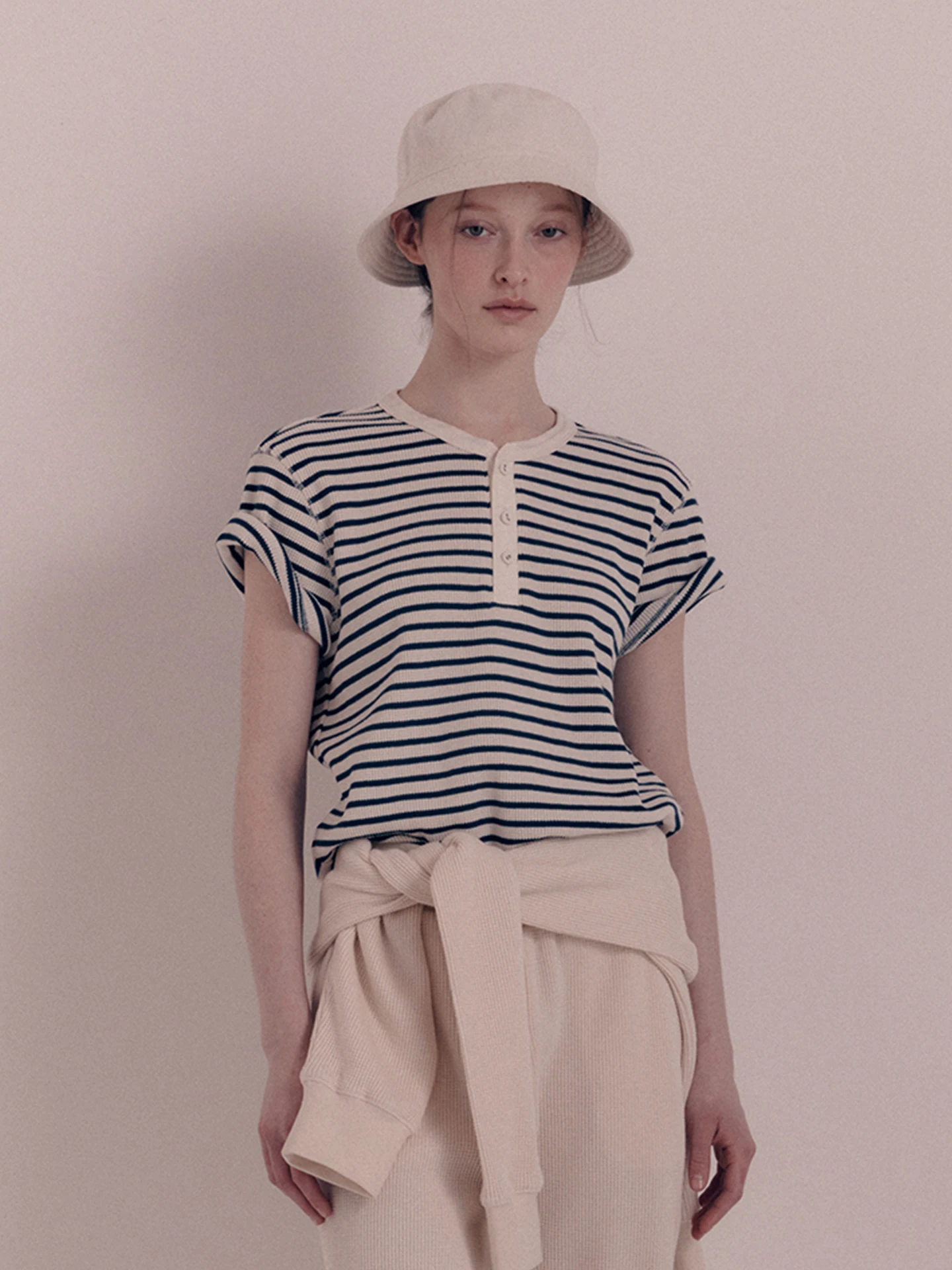 

Casual Stripe Half Open Collar Short Sleeve Women's T-shirt Summer Versatile Retro V-neck Breathable Sweat Absorbent Cotton Top