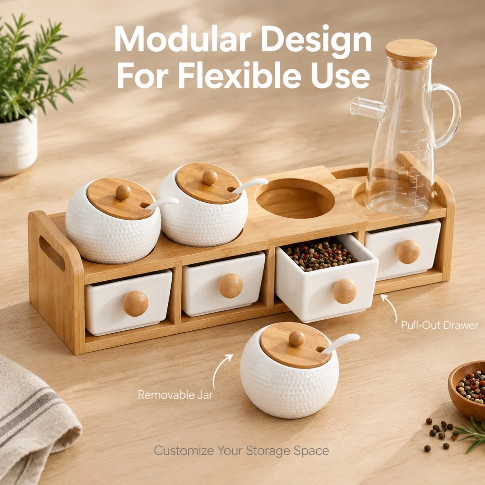 2-Tiers Ceramic Spice Jar Set with Glass Oil Dispenser 8-Piece Kitchen Seasoning Containers Salt Pepper Chili Condiment Pots