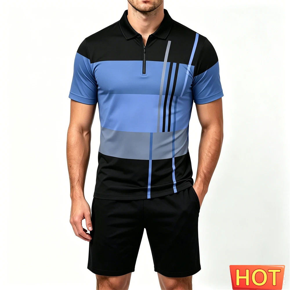 Fashion Men's Sweatshirt Set Simple Stripe Print Zip Polo Shirts and Shorts 2 Piece Summer Casual Loose Sports Short Sleeve Suit