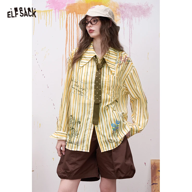 

ELFSACK Preppy Graffiti Print Long Sleeve Shirt with Denim Star Patch Cuffs, Casual Hand-Drawn Striped Relaxed Blouse