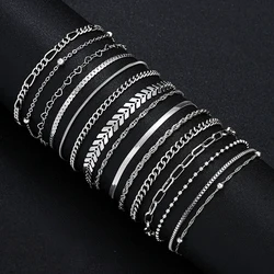 15 Pcs/Set Dainty Silver Color Metal Bracelet Set For Women Boho Retro Thick Twist Cuban Chain Bracelet Party Trendy Jewelry New