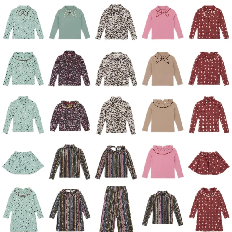 

25 осенне-зимних кружевных футболок с длинными рукавами и цветочным принтом для девочек, длинные штаны, платье с принтом для девочек, комплект с юбкой, детская домашняя одежда