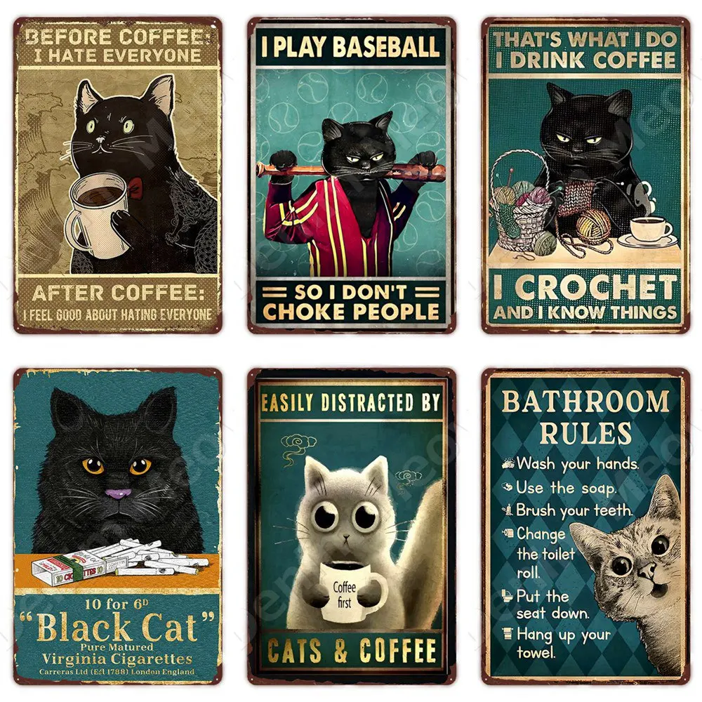 Baking Funny Cat Vintage Metal Tin Sign Home Coffee Bar Wall Decoration Black Cat Retro Plaque Bathroom Rule Cat Tin Poster