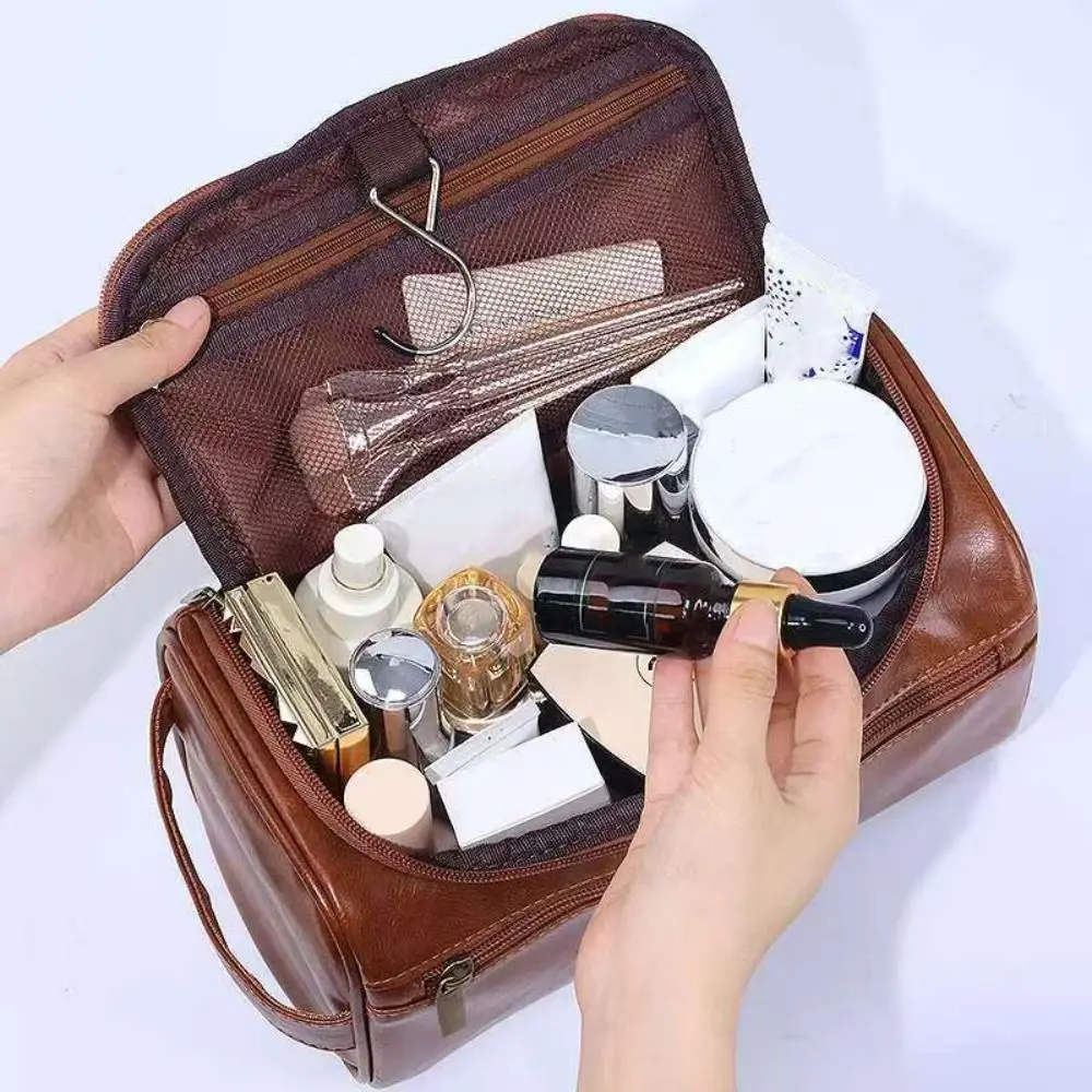

PU Leather Men Toiletry Bag Waterproof with Hanging Hook Cosmetic Storage Bag Handheld With Handle Handbag Bathroom
