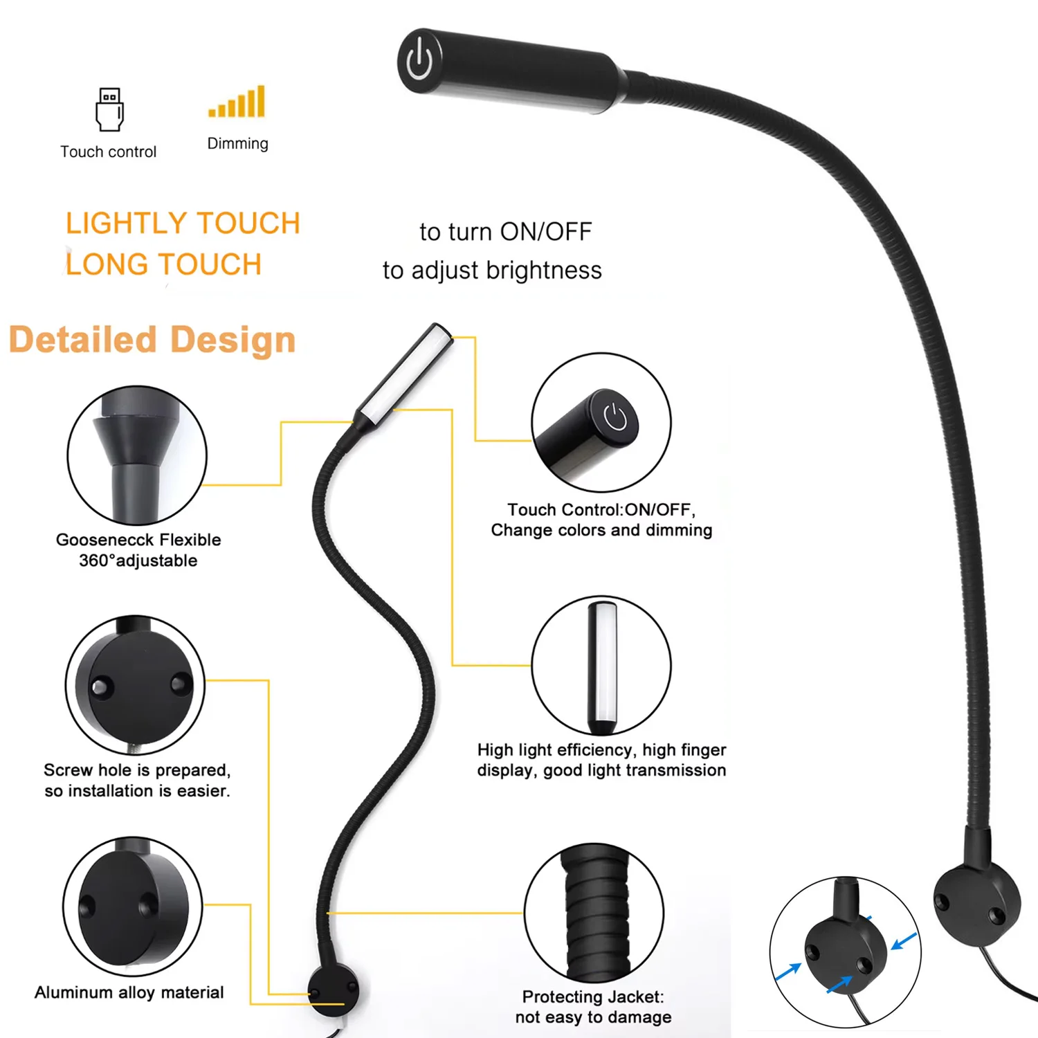 Bed Reading Lights for Headboard, Bedside Wall Mounted Reading Lamp, Touch to Adjust Brightness