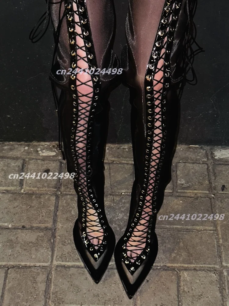 Ladies Mesh Lace Up Eyelet Strap Thigh High Boots Sharp Pointed Toe Edge Trim, Slim Stiletto Heel Patchwork Women Long Shoes