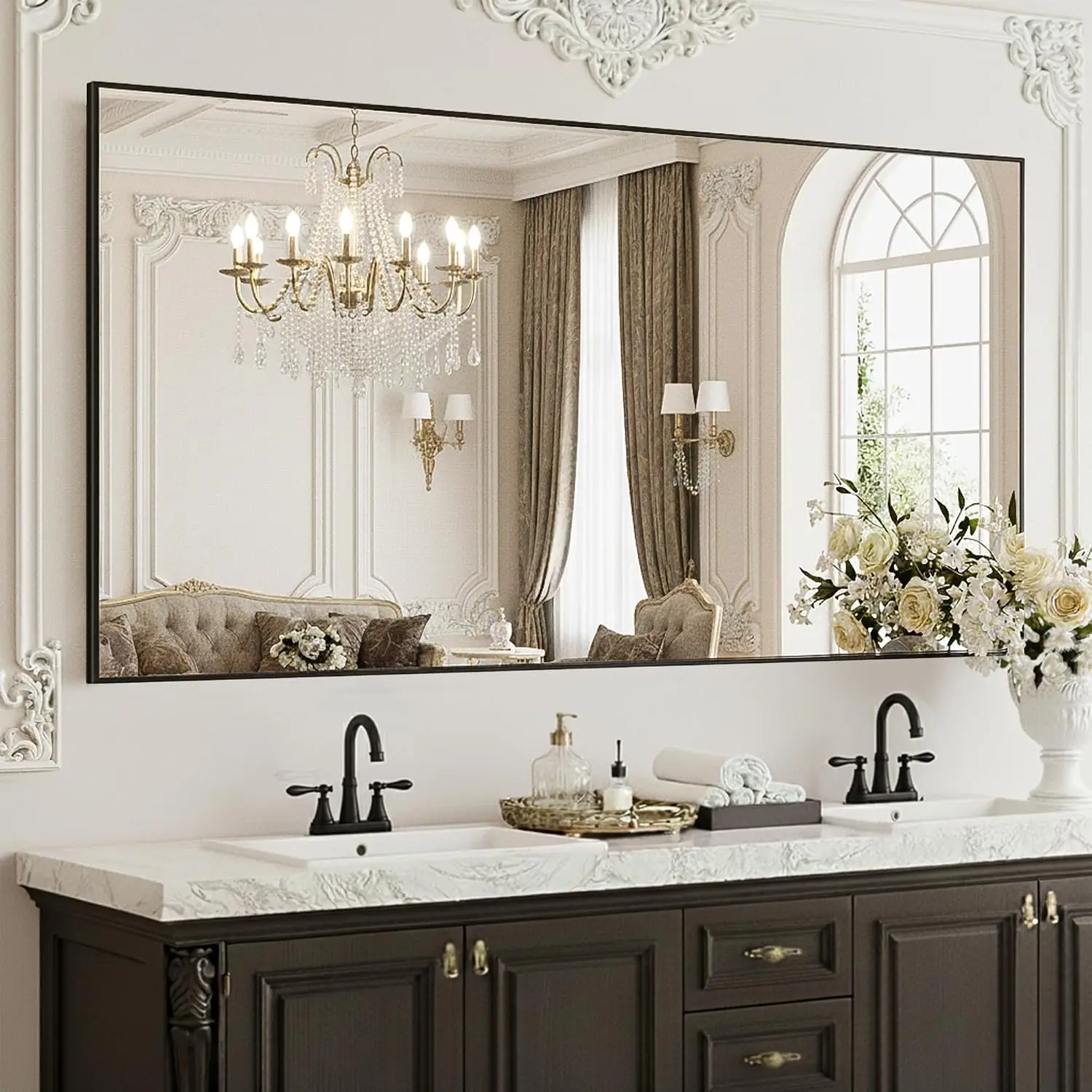 Wall Mounted Mirror 60 X 36 Black Vanity Sink Tempered Glass Anti Rust Shatterproof Bedroom Entryway Living Room