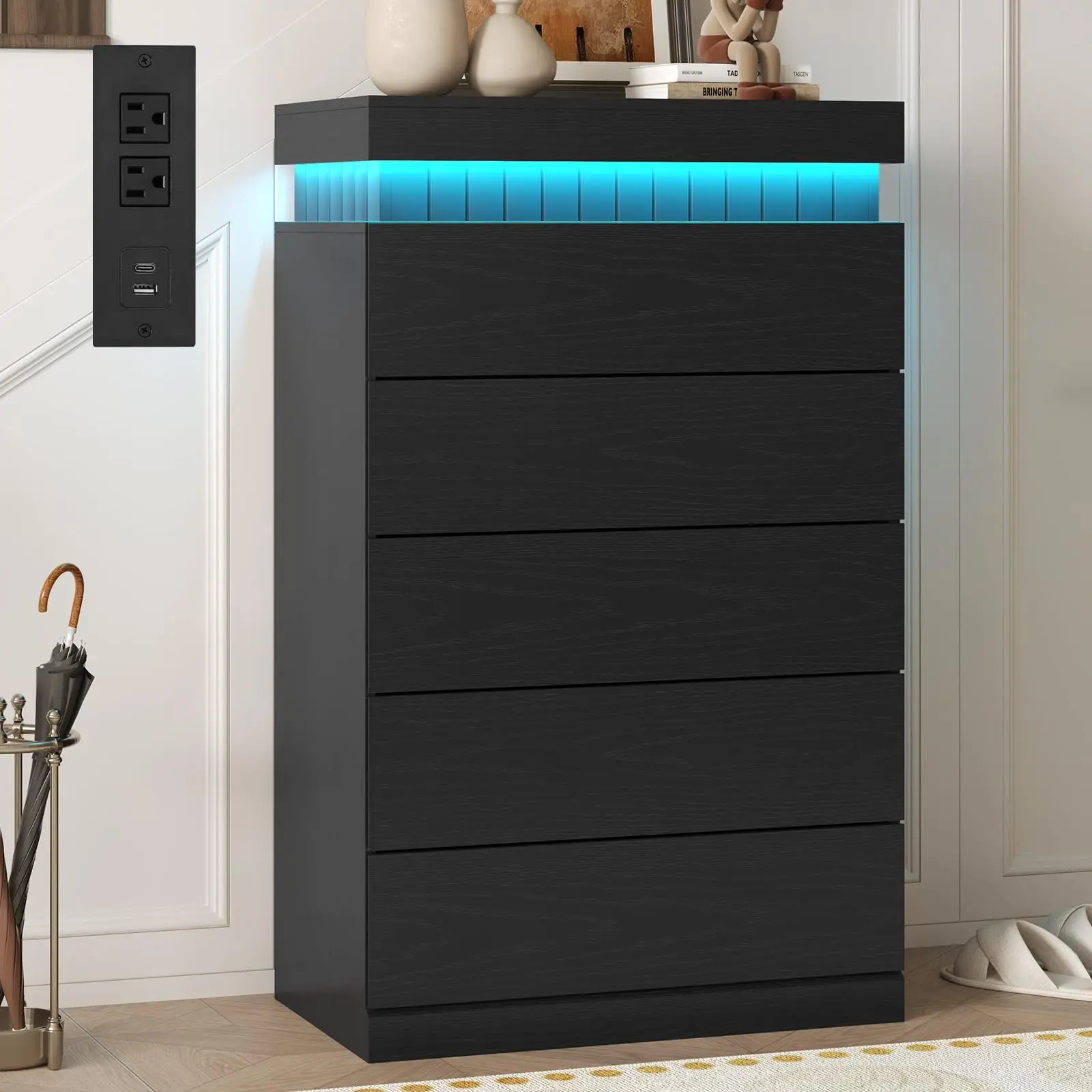 Tall Black 5-Drawer Dresser With LED Light And Power Outlet Modern Wooden Chest For Bedroom Living Room