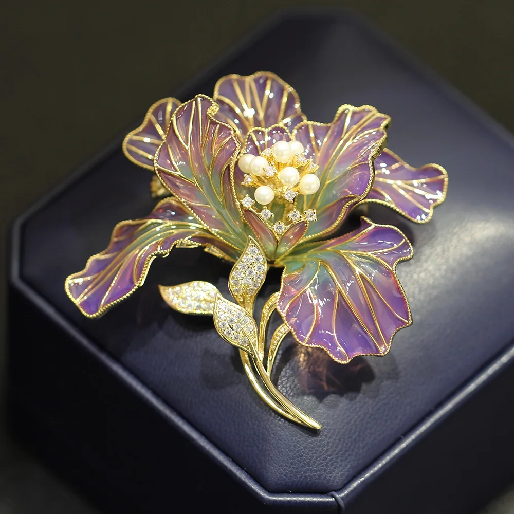 

New Chinese Style High-end Elegant Three-dimensional Purple Peony Flower Brooch Zircon Inlaid Pearl Broche Exquisite for Women