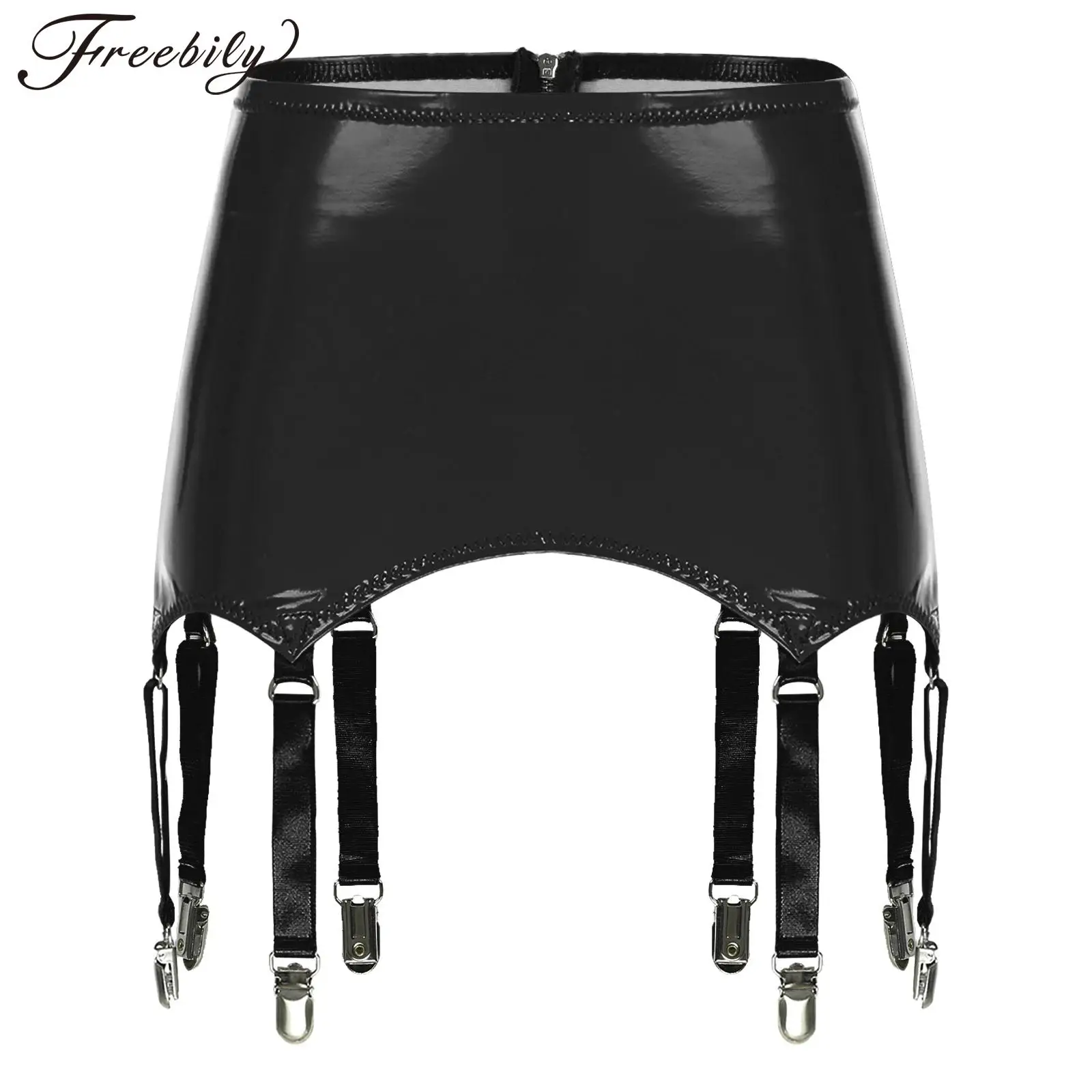 

Women Wet Look Patent Leather Garters High Waist Suspenders Skirts with Garter Belt Nightwear Stage Performance Costume Clubwear