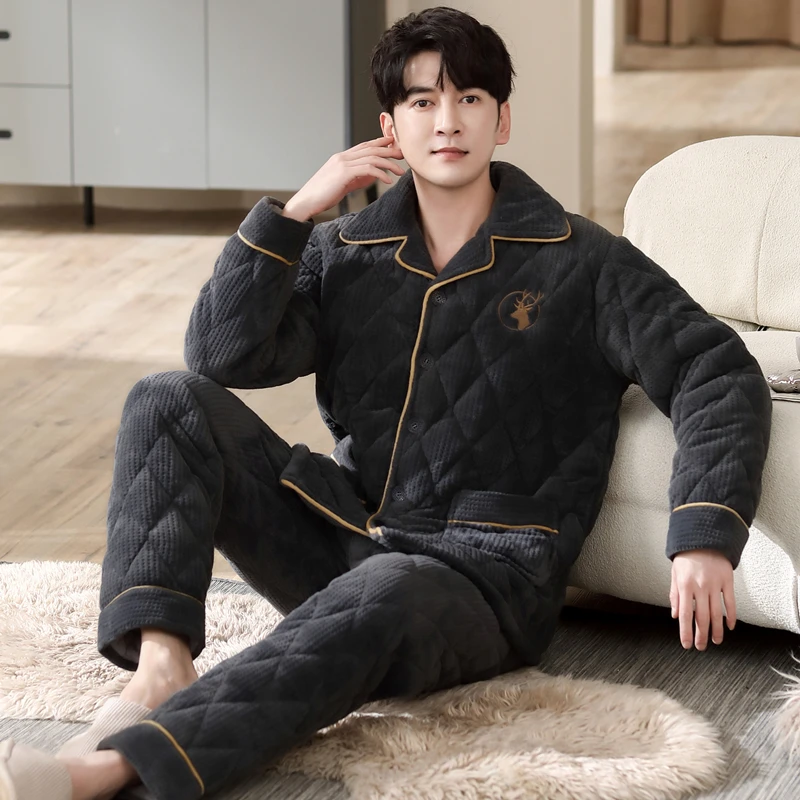 

Animal Pajamas Sets Winter Thick Quilted Men 3Layers Sleep Tops & Bottoms Male Flannel Keep Warm Sleepwear Thermal Home Clothing