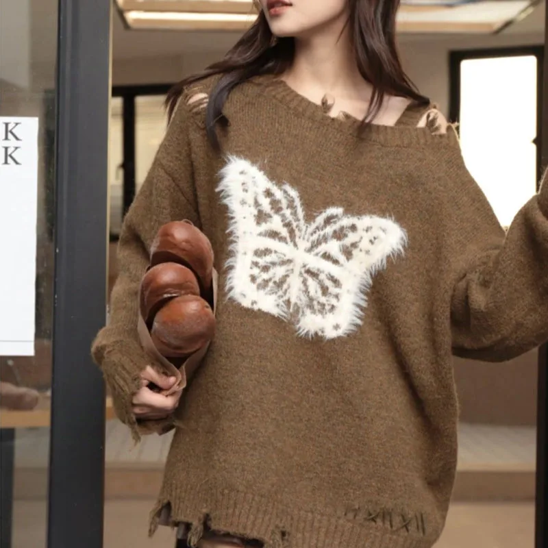 

New Long Sleeve Knitted Sweater Women Pullovers Black Slash Neck Butterfly Knit Sweater Pullover Women Tops Women Clothing Q2921