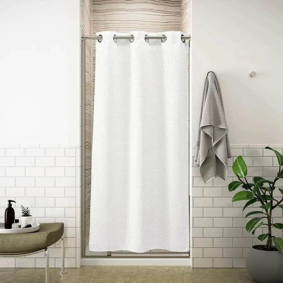 

36 W Stall Waffle No Hook Shower Curtain with Snapin Liner,Cotton Blend Fabric Shower Curtain for Bathroom, White,36Wx74L