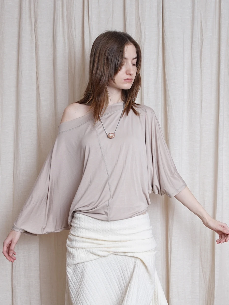 

TROPICEYE 25 Summer Original Oversized Batwing Sve Soft Large Collar Retro Ele 7/8 Length T-irt Women's Faion