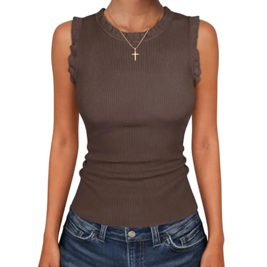 

ANRABESS Ribbed k Tops for Women Crew Neck Ruffle Sweater Vest Cute Sleeveless Shirts 2026 Summer Business Casual Outfits