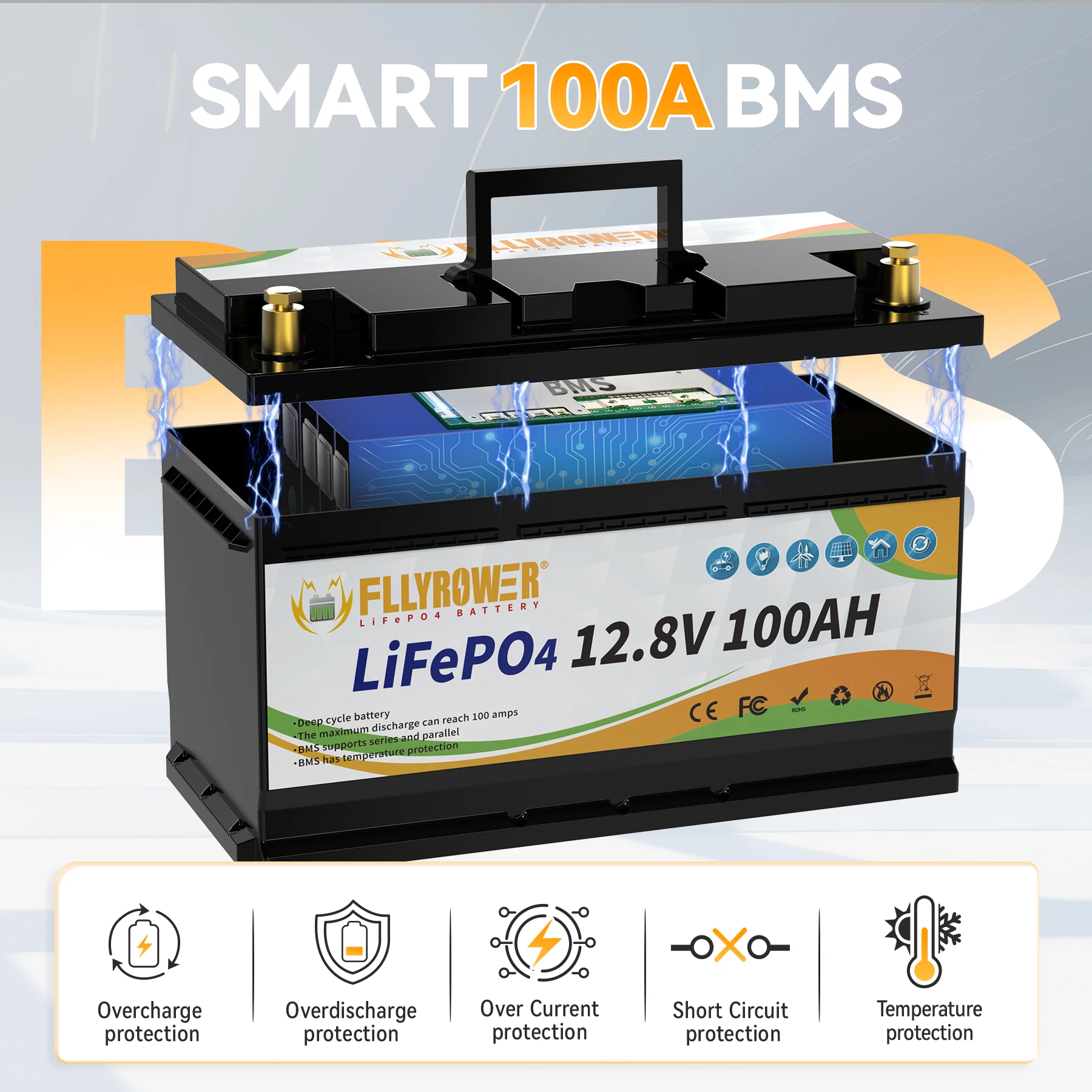 FLLYROWTH 12 فولت 100 أمبير LiFePo4 بطارية ليثيوم حزمة 100A BMS لمحركات القوارب RV العاكس الرياح الشمسية بطارية ليثيوم فوسفات الحديد