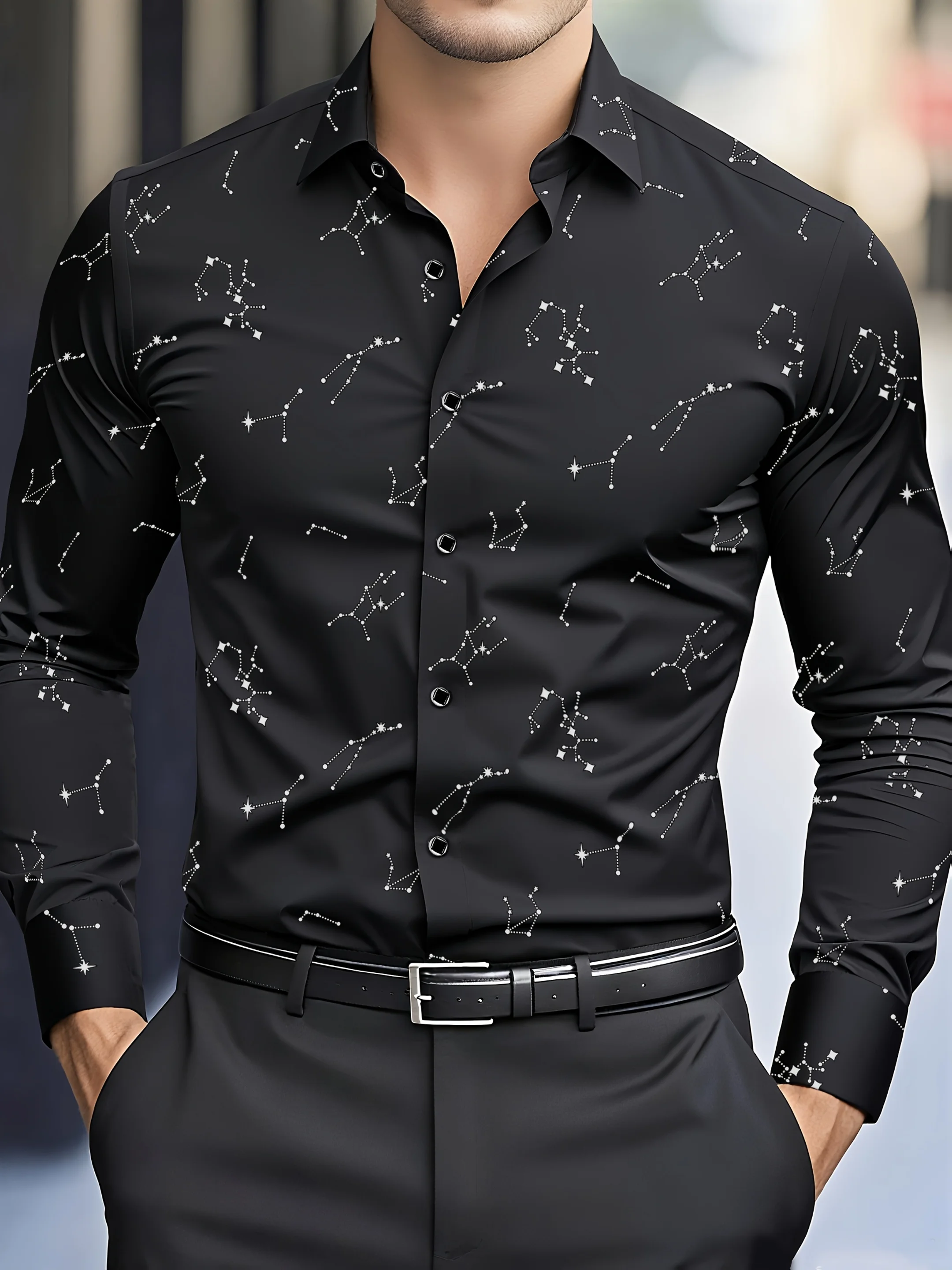 Men Long Sleeve Button Down Shirt Black Constellation Star Map Print Polyester Lapel Collar Casual Party